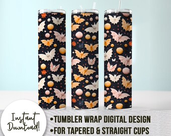 Diseño de sublimación para vaso de murciélagos de Halloween en colores pastel (descarga digital)