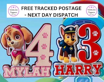 Personalized Paw Dog Birthday Cake Topper: 3d number topper with Skye or Chase and glitter card. Any name / age free postage 24hr dispatch.