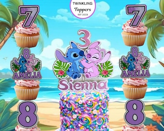 Lilo and Stitch Cake Topper - Angel & Stitch 3d personalised for Birthday Party decoration - Pink / Blue - Any name and Age - free tracked