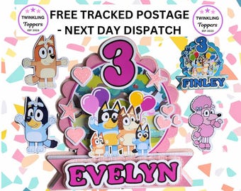 Personalized Blue Dog Cake Topper: 3d Cartoon Birthday Party / cake Decoration for kids - Option of matching cup cake toppers free postage