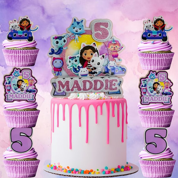 Gabby's Dollhouse cake topper - 3d & personalised with any name and age - Optional matching Cupcake toppers - Birthday party decoration.