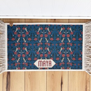 Personalized Peacock Teal Dog Bowl Mat with Fringe, William Morris Pet Feeder, New Dog Gift, Washer/Dryer Friendly image 4