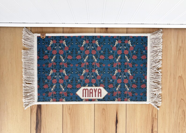 Personalized Peacock Teal Dog Bowl Mat with Fringe, William Morris Pet Feeder, New Dog Gift, Washer/Dryer Friendly image 4
