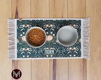 Personalized Pet Bowl Mat: Floral Fringe Design, Non-Slip Backing | Machine Washable, Absorbent | Custom Sizes Small-Large