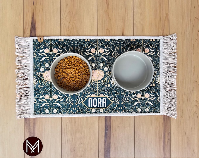 Personalized Pet Bowl Mat: Floral Fringe Design, Non-Slip Backing | Machine Washable, Absorbent | Custom Sizes Small-Large