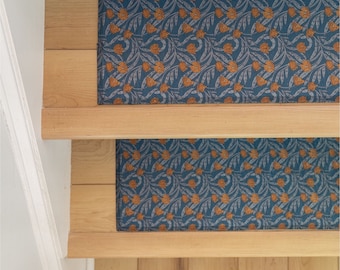 William Morris Pattern Boho Stair Treads – Non-Slip, Blue Carpet Treads