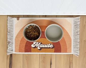 Personalized Boho Rainbow Dog Bowl Mat: Nonslip, Washable Rug for Pets