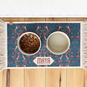 Personalized Peacock Teal Dog Bowl Mat with Fringe, William Morris Pet Feeder, New Dog Gift, Washer/Dryer Friendly image 1