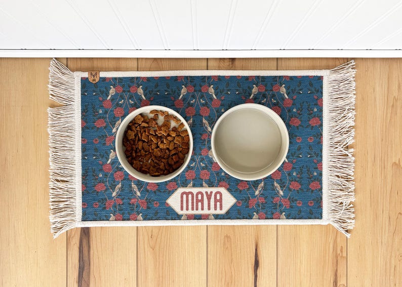 Personalized Peacock Teal Dog Bowl Mat with Fringe, William Morris Pet Feeder, New Dog Gift, Washer/Dryer Friendly image 1