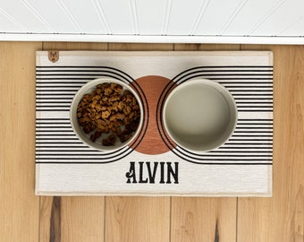 Personalized Dog Bowl Mat: Absorbent Nonslip Feeding Mat - Machine Washable, Rug Texture, Mid Century Style