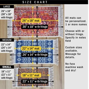 May include: Size chart for personalized floor mats with fringe options.  The chart shows three sizes: large (26" x 18", 30" x 18" with fringe), medium (22" x 14", 26" x 14" with fringe), and small (18" x 11", 22" x 11" with fringe).