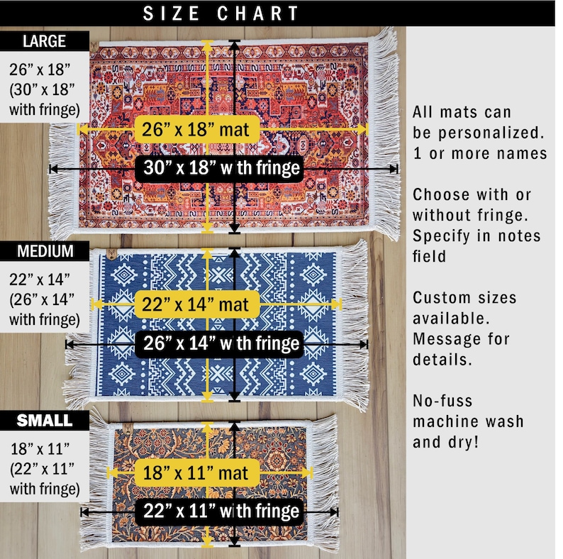 May include: Size chart for personalized floor mats with fringe options.  The chart shows three sizes: large (26" x 18", 30" x 18" with fringe), medium (22" x 14", 26" x 14" with fringe), and small (18" x 11", 22" x 11" with fringe).