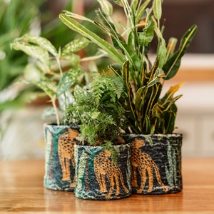 May include: Three potted plants in decorative fabric pots with a leopard print design. The pots are green, black, and orange with a jungle scene.