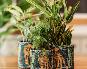 Boho Leopard Chenille Fabric Planter, Cozy Indoor Pot, Handmade Textured Design