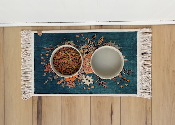 Floral Cat Bowl Mat, Fringe Accent Pet Placemat, Nonslip Rug-Style Material