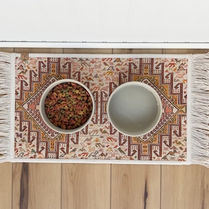 Boho Dog Bowl Mat with Fringe – Absorbent, Nonslip Pet Placemat – Turkish Rug Style