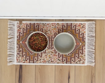 Boho Dog Bowl Mat with Fringe – Absorbent, Nonslip Pet Placemat – Turkish Rug Style