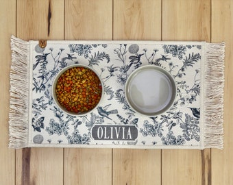 Personalized Dog Bowl Mat Feeding Placemat: Fringe Accent, Nonslip Backing (Machine Washable, Small to Large)