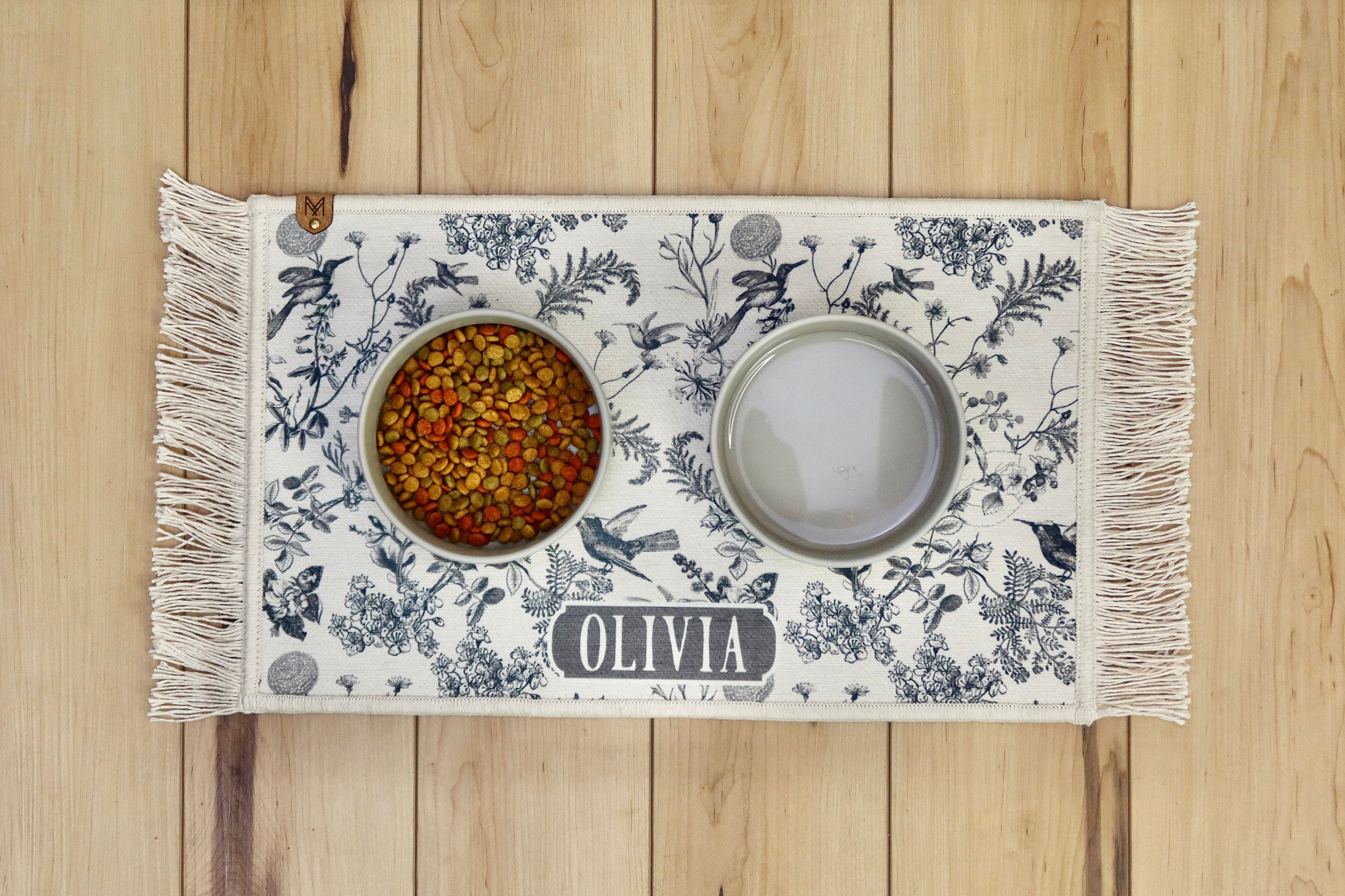 Personalized Dog Bowl Mat Feeding Placemat: Fringe Accent, Nonslip Backing (Machine Washable, Small to Large)