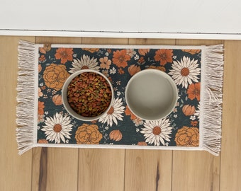Floral Dog Bowl Mat: Boho Fringe Pet Placemat, Absorbent Rug (Nonslip Backing)