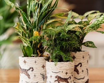 Handmade Chenille Planter: Boho Tiger Pattern, Eclectic Indoor Plant Pot