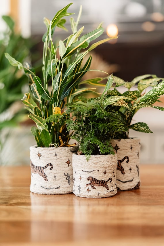 Handmade Chenille Planter: Boho Tiger Pattern, Eclectic Indoor Plant Pot