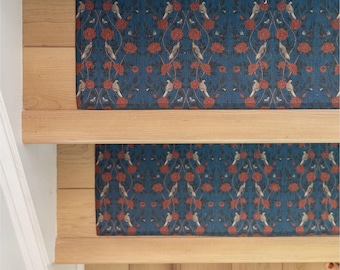 William Morris Geometric Stair Treads: Boho Floral Bird Pattern Rug (Custom Size)