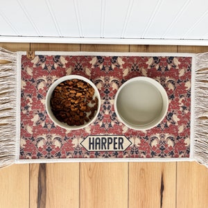 Personalized Dog Bowl Mat with Fringe, Nonslip, Machine Washable - Harper