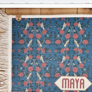 Personalized Peacock Teal Dog Bowl Mat with Fringe, William Morris Pet Feeder, New Dog Gift, Washer/Dryer Friendly image 2