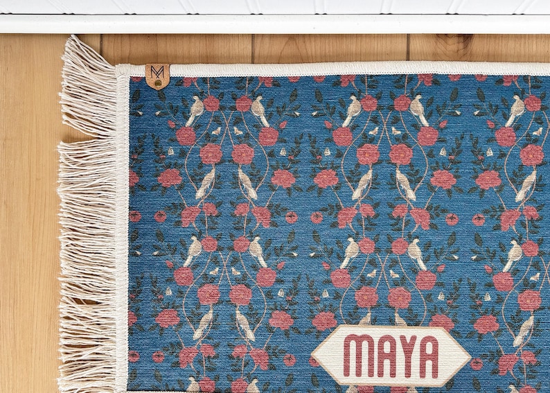 Personalized Peacock Teal Dog Bowl Mat with Fringe, William Morris Pet Feeder, New Dog Gift, Washer/Dryer Friendly image 2