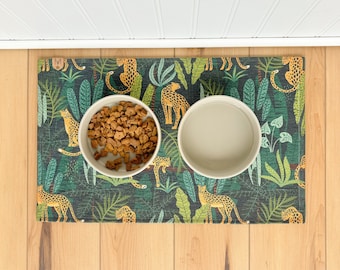 Boho Leopard Print Dog Bowl Mat, Nonslip Pet Feeding Placemat (Machine Washable)