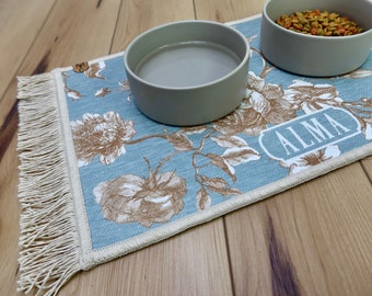 Personalized Dog Bowl Mat: Nonslip Fringe Rug, Machine Washable Pet Feeder Protection