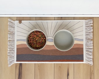 Boho Sunrise Pet Bowl Mat: Fringe Accent, Nonslip, Machine Washable Dog Cat Feeder