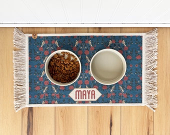 Personalized Boho Dog Bowl Mat: Fringe Rug, Nonslip, Machine Washable Pet Protection