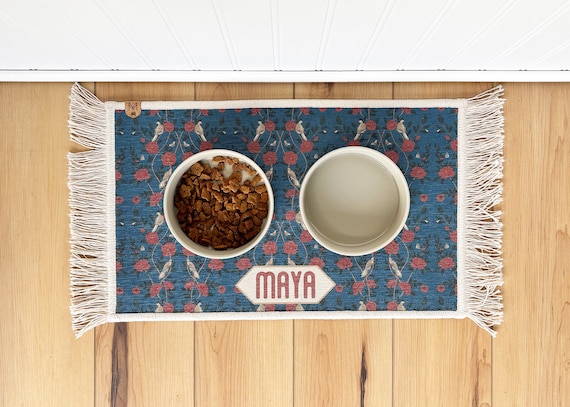 Personalized Boho Dog Bowl Mat: Fringe Rug, Nonslip, Machine Washable Pet Protection