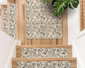 Non Slip Stair Tread Mat: Neutral Ivory Patterned Design - Washable, Low Profile, Pet Friendly, Custom Fit Options