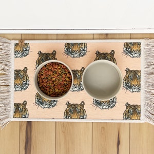 Boho Tiger Pet Bowl Mat: Fringe, Nonslip, Machine Washable Rug