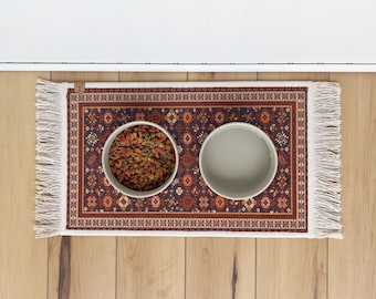 Persian Style Pet Feeding Mat, Nonslip Rug Material Placemat, Fringe Edges