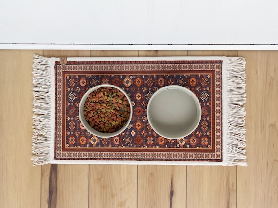 Persian Style Pet Feeding Mat, Nonslip Rug Material Placemat, Fringe Edges