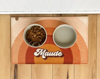 Personalized Dog Bowl Mat: Rainbow Boho Pattern - Nonslip, Rug-Like Material, Machine Washable, Floor Protection