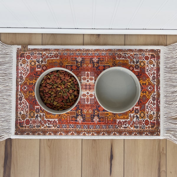 Pet Bowl Mat Boho Placemat: Fringe Trim, Absorbent Rug Material (Nonslip Backing, Machine Washable, Multiple Sizes)
