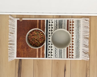 Dog Bowl Mat: Boho Fringe Accent - Absorbent, Nonslip, Machine Washable Pet Placemat for Dogs