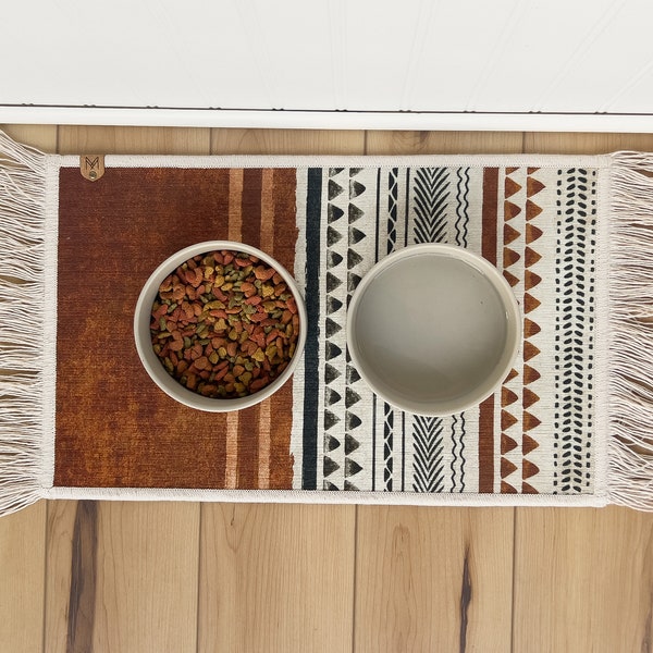 Dog Bowl Mat: Boho Fringe Accent - Absorbent, Nonslip, Machine Washable Pet Placemat for Dogs
