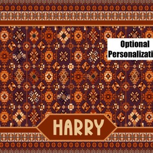 May include: A brown and orange patterned rug with a personalized name "HARRY" in a brown rectangle. The rug has a border of brown and orange geometric shapes. The text "Optional Personalization" is in a white rectangle.
