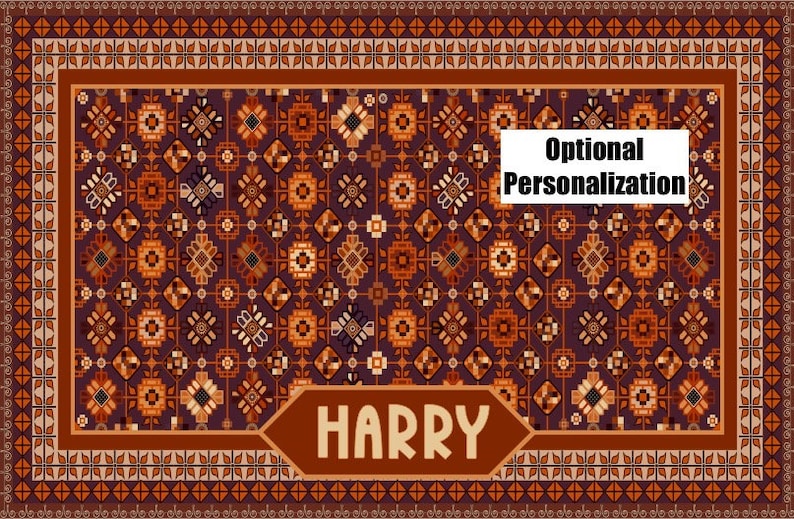 May include: A brown and orange patterned rug with a personalized name "HARRY" in a brown rectangle. The rug has a border of brown and orange geometric shapes. The text "Optional Personalization" is in a white rectangle.