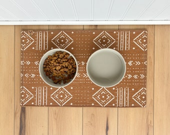 Boho Dog Bowl Mat: Nonslip Absorbent Feeding Placemat, Machine Washable Rug