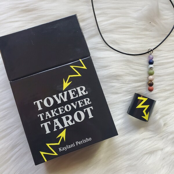 New Tower Take Over with Card Holder & Necklace by Kaylani Perisho, 79 card tarot deck with little white book and box