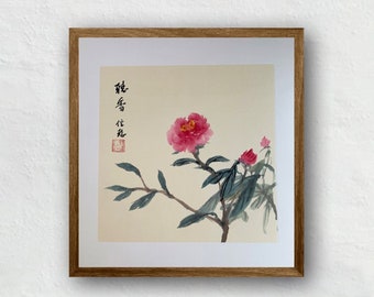 Original Chinese Ink Brush Painting Pink Peony Flowers Oriental Art Romantic Botanical Wall Art Vintage Asian Illustration, Not Print!