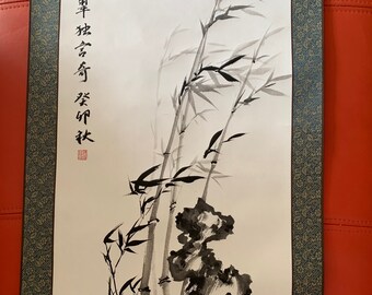 Bamboo Vertical Scroll Artwork Traditional Chinese Ink Brush Painting, Original Botanical Wall Art Antique Style Hanging Scroll, Not Print!