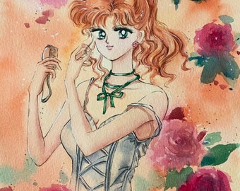 Vrouwen aquarel muur kunst handgeschilderde Sailor Jupiter animatie komische schilderij romantische rozen meisjes kamer decor, niet afdrukken!